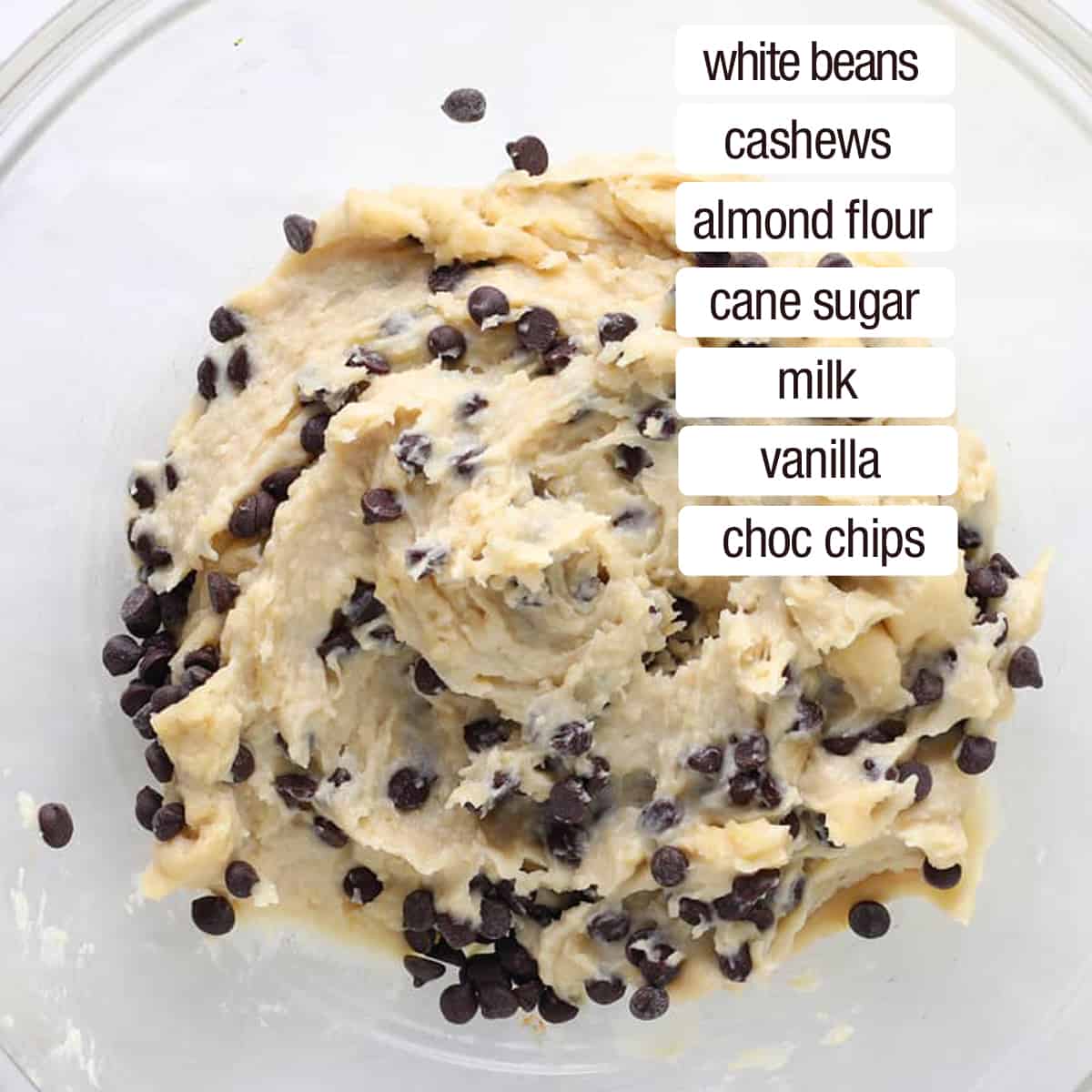 overhead of cookie dough batter with ingredients listed