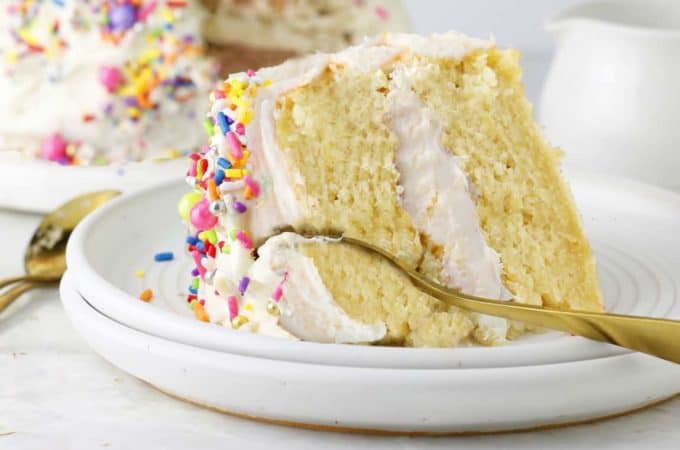 Vanilla vegan cake sliced with cake in background.ound.