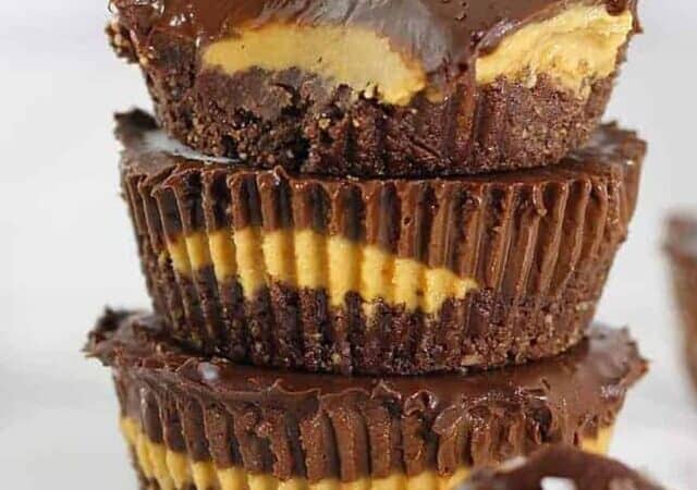 chocolate peanut butter cups stack of three cups