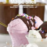 Straight on view of three flavors of magic shell, chocolate, peanut butter and vanilla.