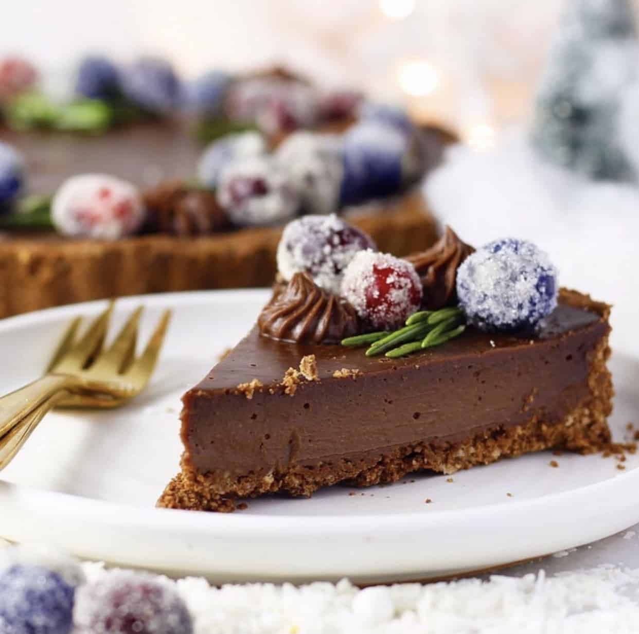 chocolate pie slice with sugared berries.