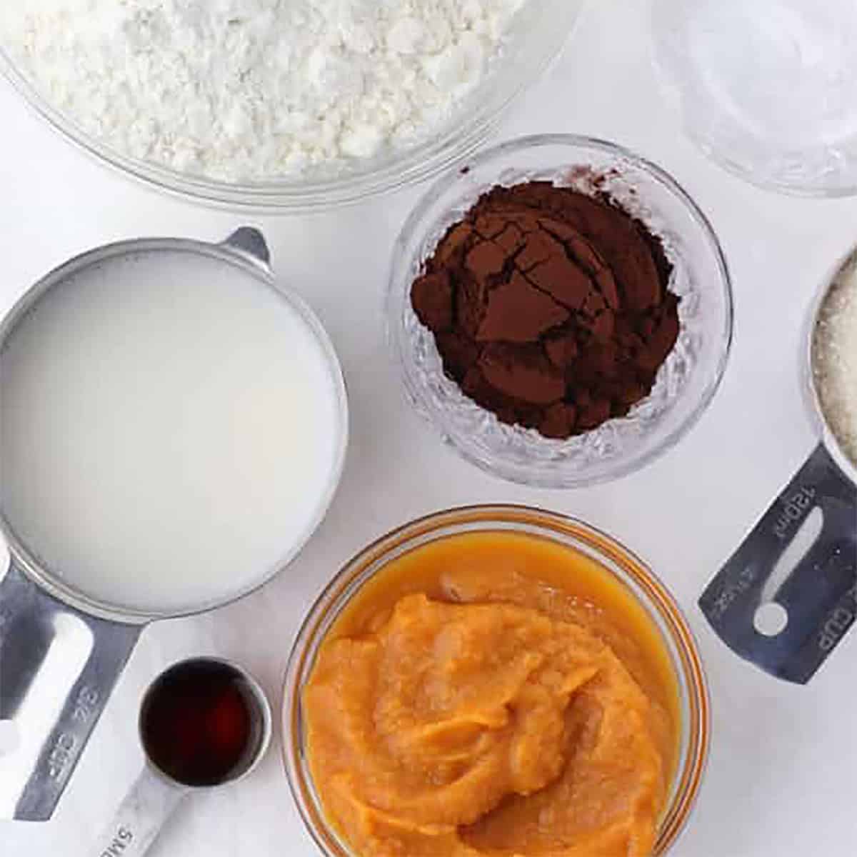 ingredients for chocolate pumpkin muffins.