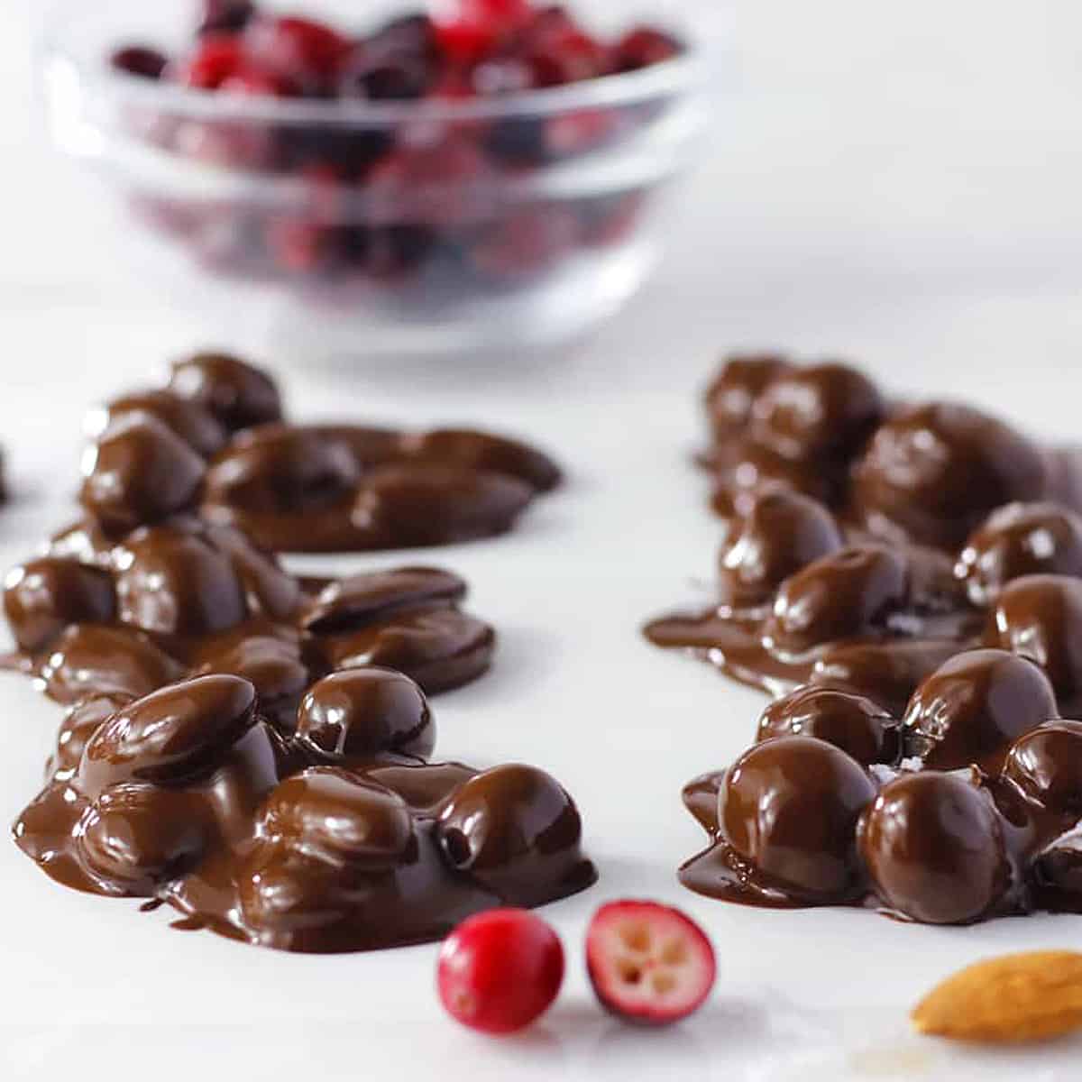 chocolate covered cranberry clusters in a row on a marble board