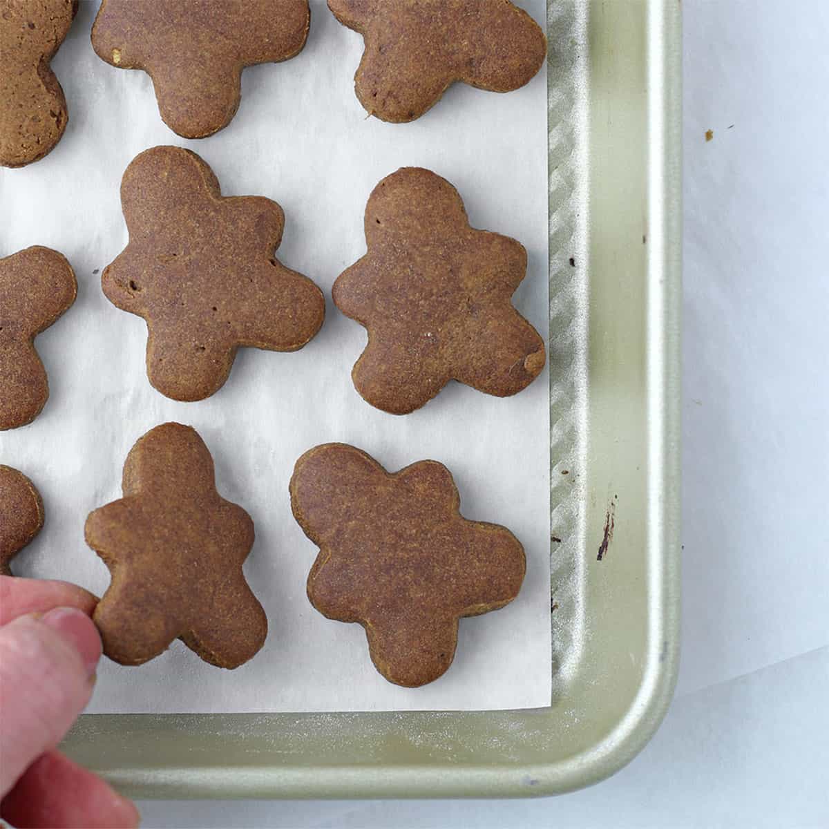 overhead of gingerbread men in a pan baked.