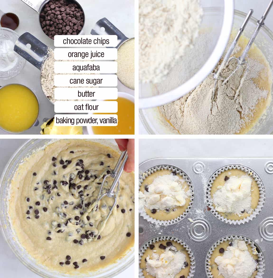 four panels of how to make choc chip muffins