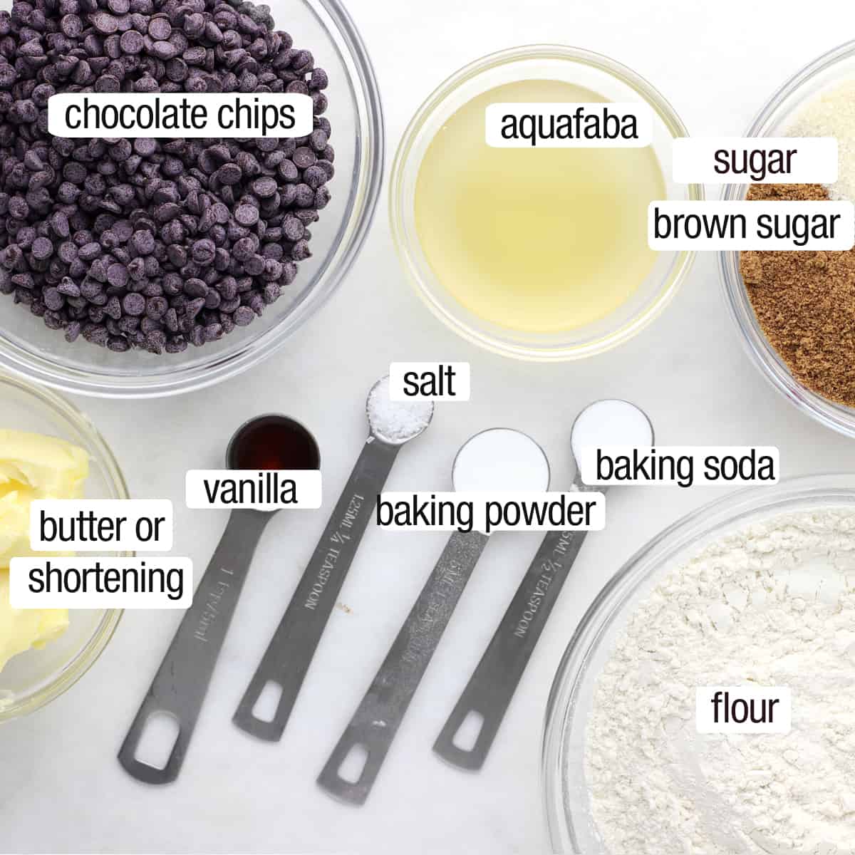 overhead shot of ingredients for healthy chocolate chip cookies
