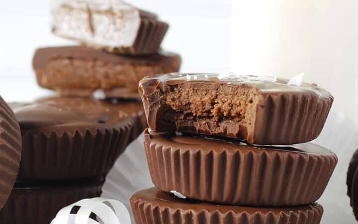 stack of three fudge cups with a white ribbon