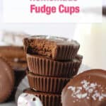 a tower of fudge cups with a bite