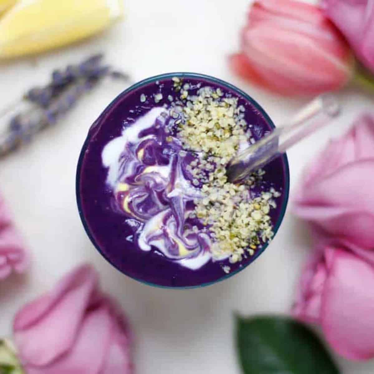 Overhead shot of a Lavender sweet potato Smoothie