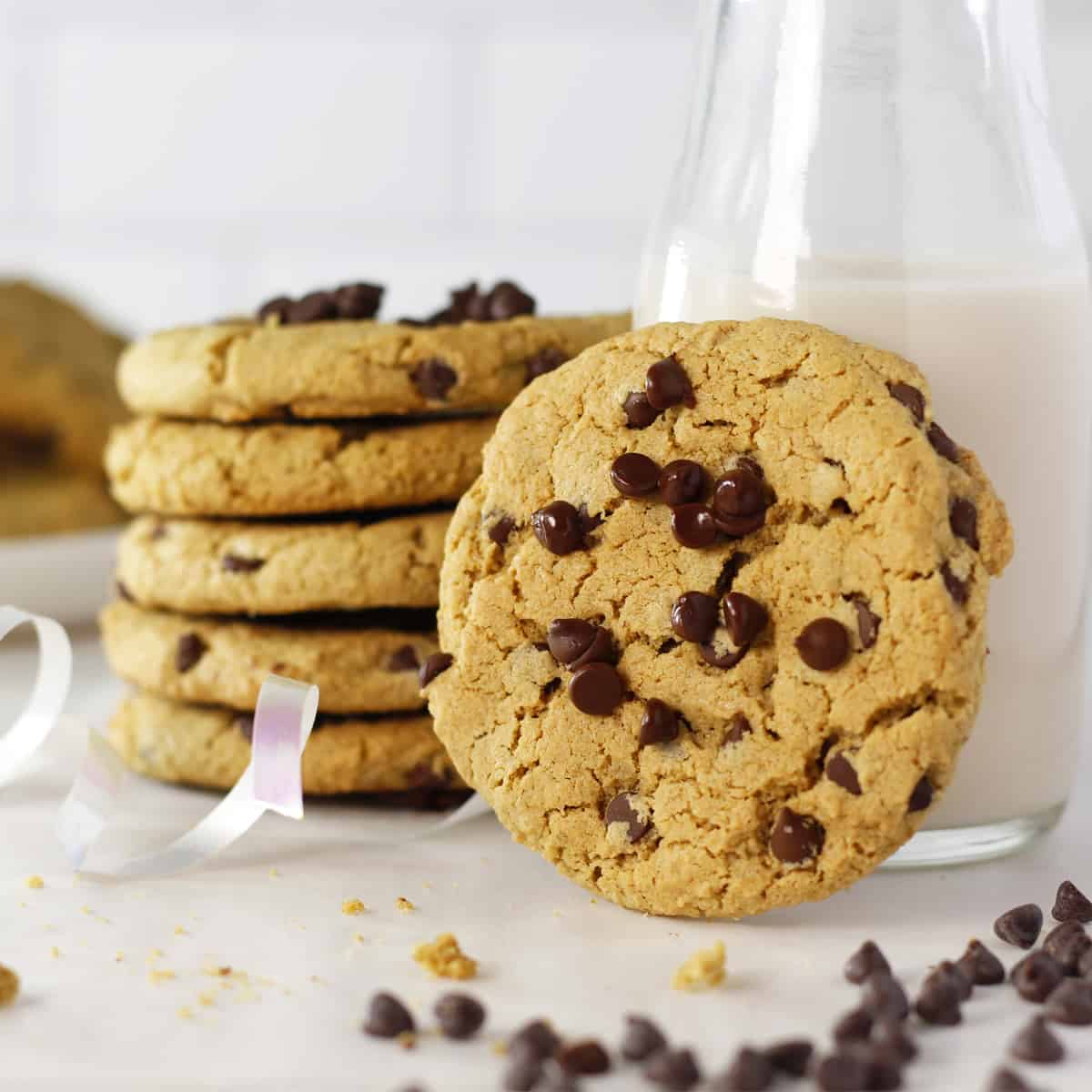 Oat Flour Chocolate Chip Cookies leaning on each other