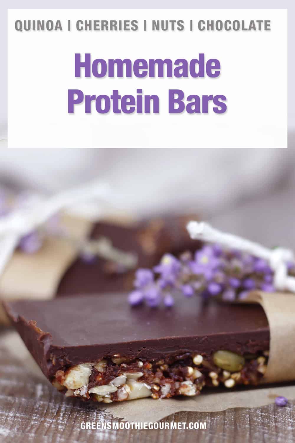 side view of a protein bar with a purple flower