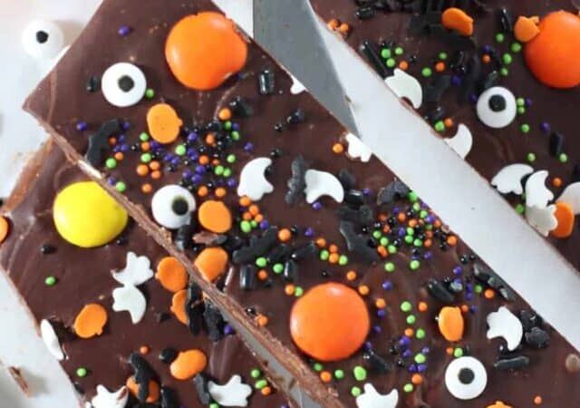 Chocolate Fudge Bark Decorated for Halloween