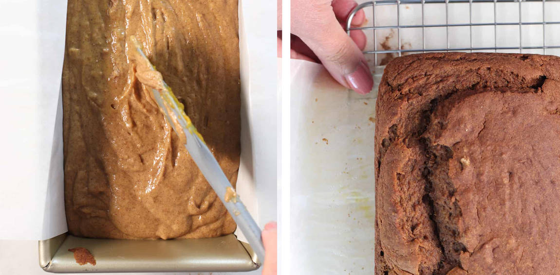 raw pumpkin bread batter on left and baked on the right