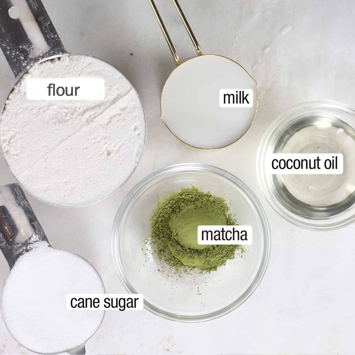 overhead of ingredients for matcha green tea cookies.