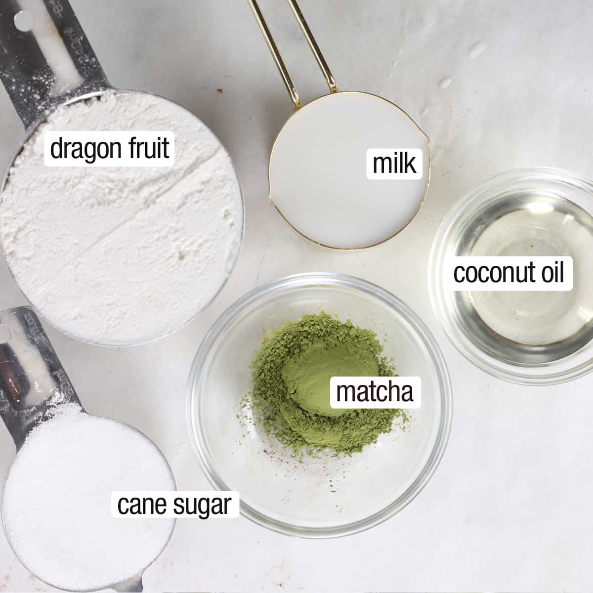 labeled ingredients to make matcha cookies
