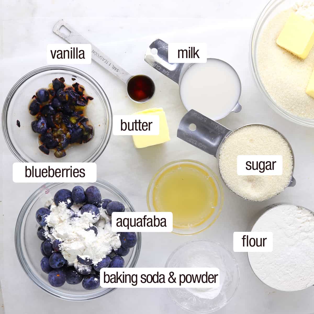 over head shot of ingredients for blueberry muffins