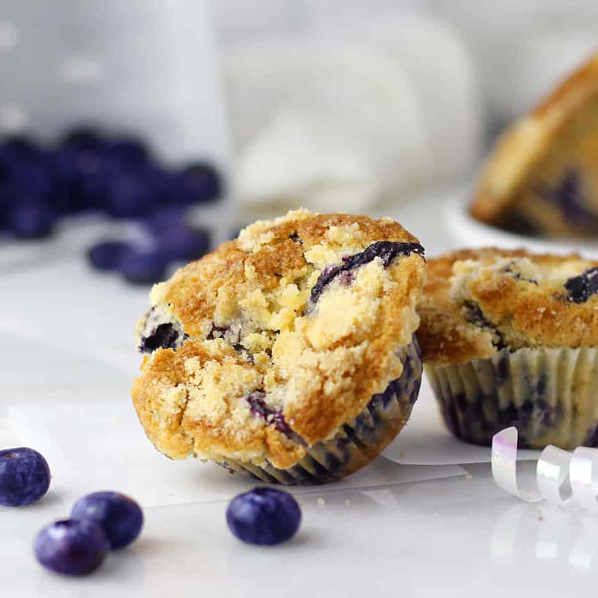 a blueberry muffin leaning on another blueberry muffin