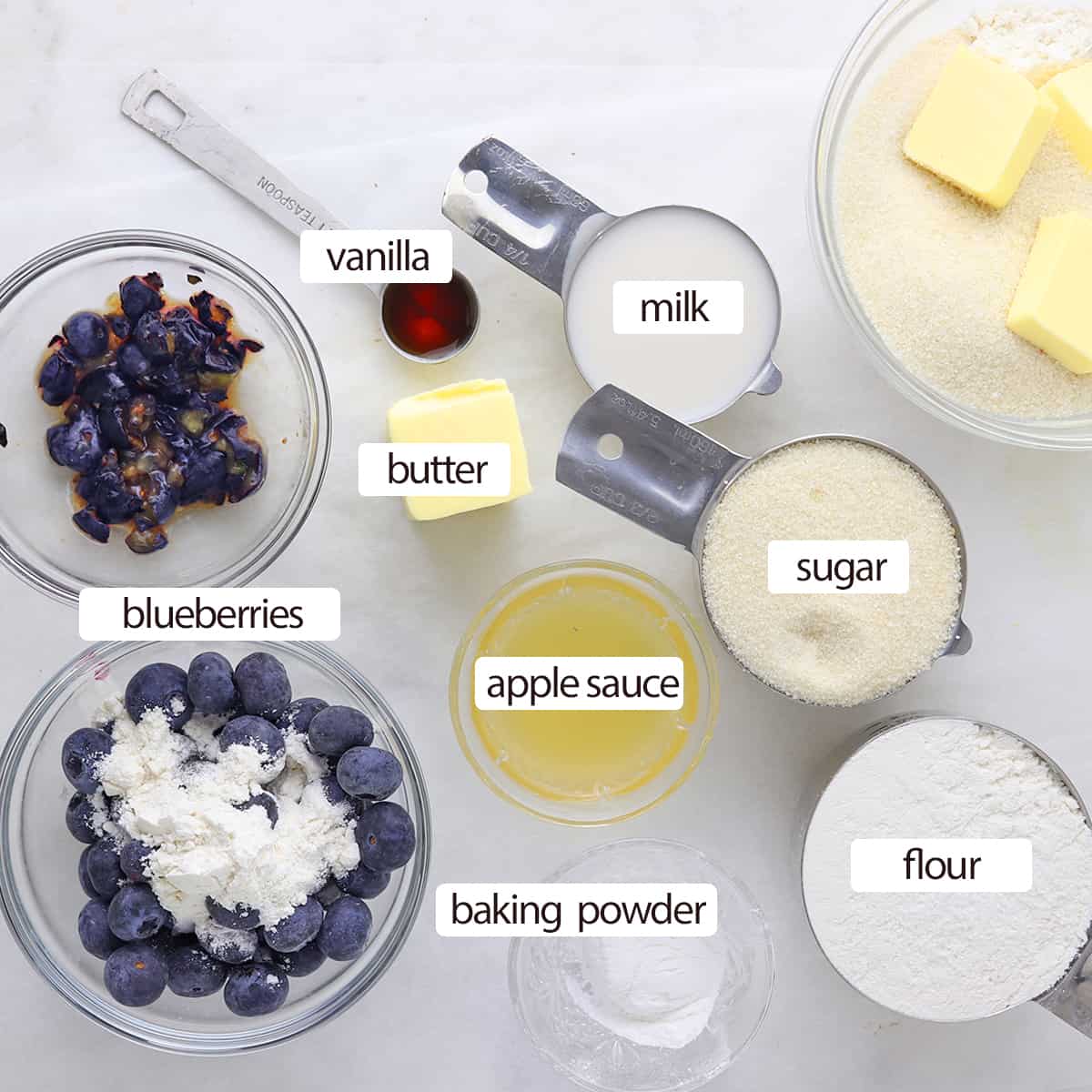 overhead of ingredients for blueberry muffins