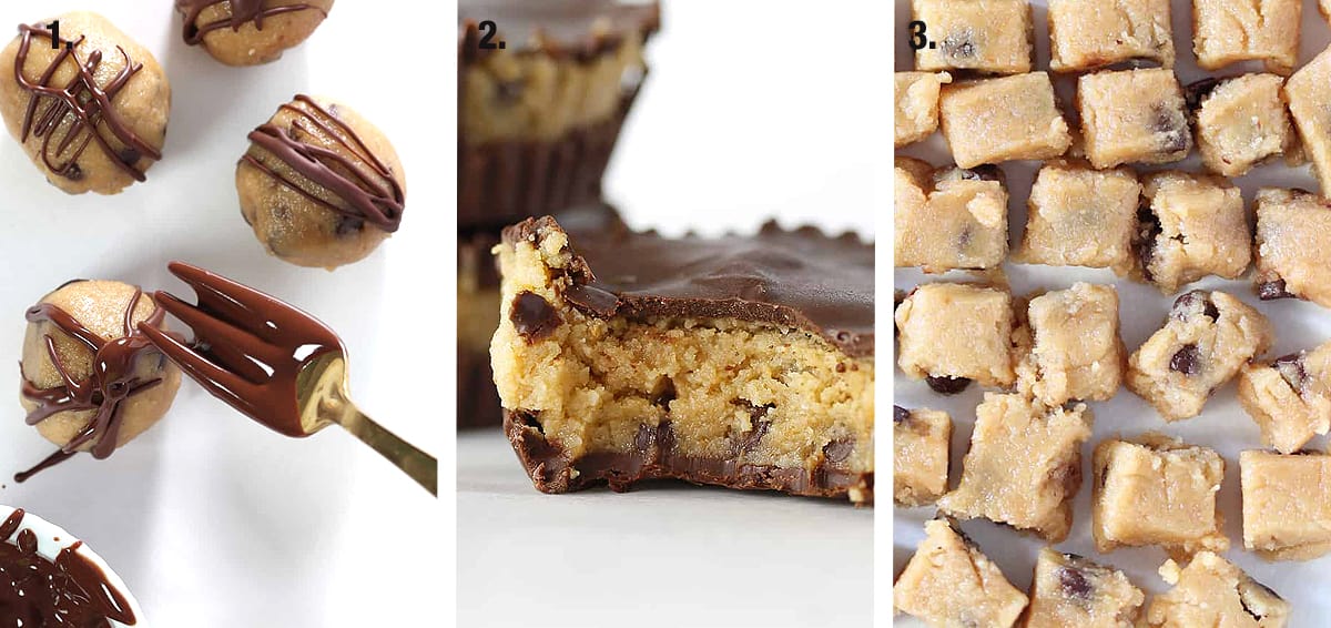 three images of cookie dough bites, as balls, cups and cubes