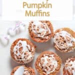 pumpkin muffins with glaze being poured.