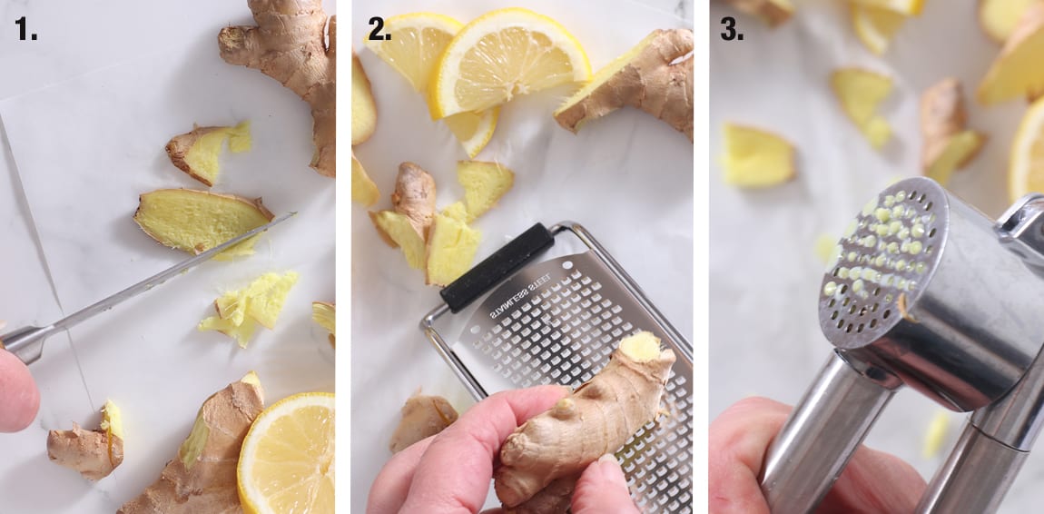 three panels showing cutting ginger, grating ginger and pressing ginger via garlic press
