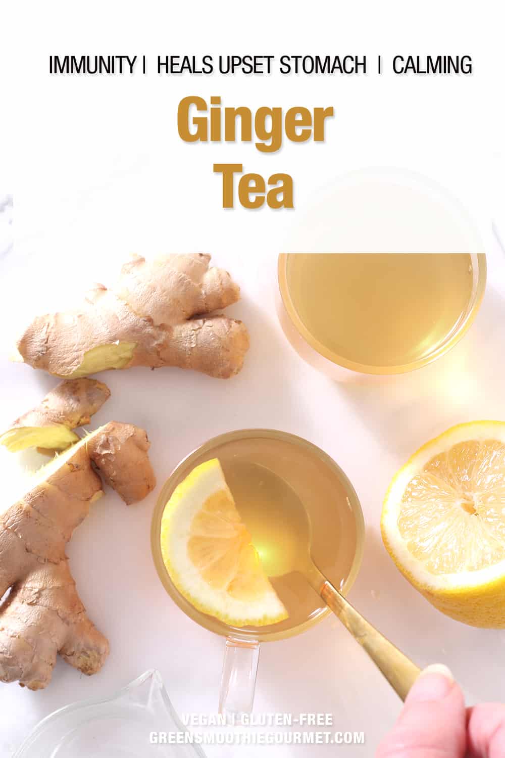 overhead shot of ginger tea and ginger and lemon slices