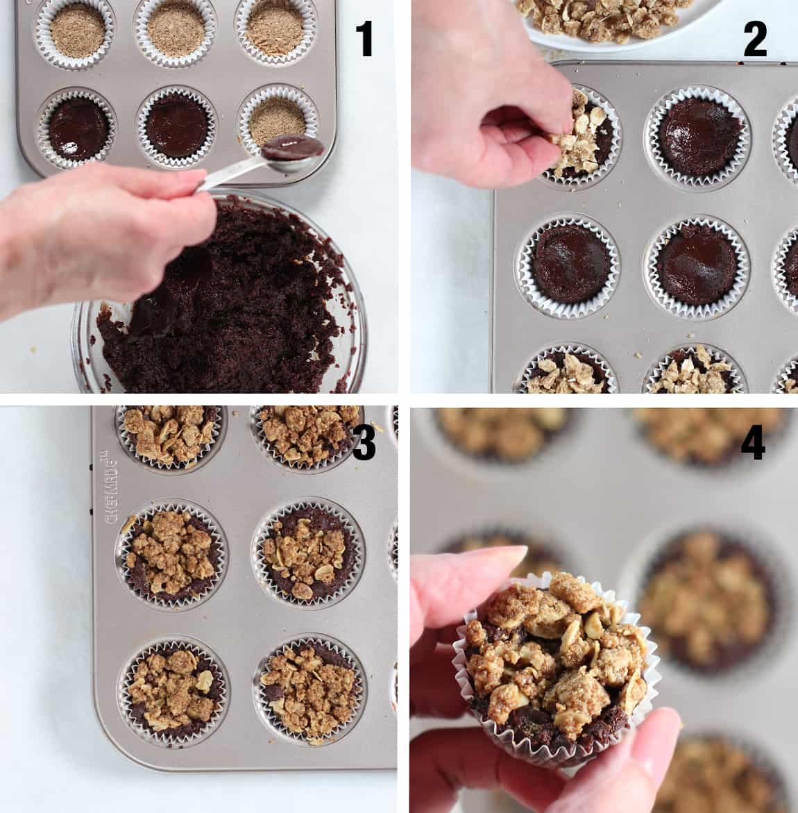 steps to fill and top baked oatmeal cups