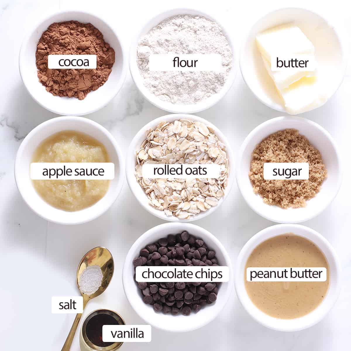 overhead of healthy baked oatmeal cups ingredients in cups