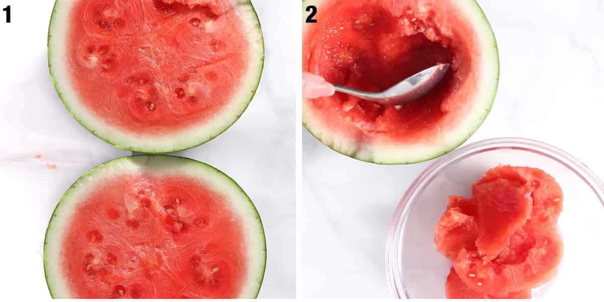 two pictures of watermelon sliced open, with a spoon scooping it.