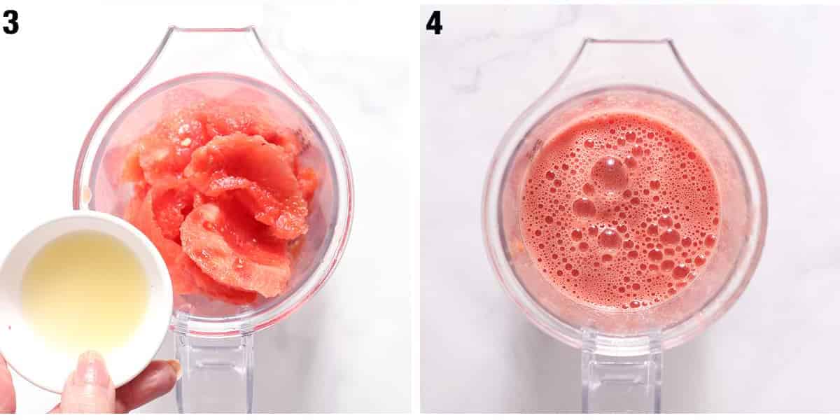 Watermelon in a blender jar, and then blended watermelon pulp.