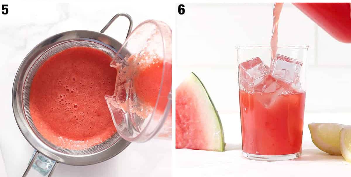 pouring watermelon pulp into a strainer, and another shot of watermelon juice in a glass.