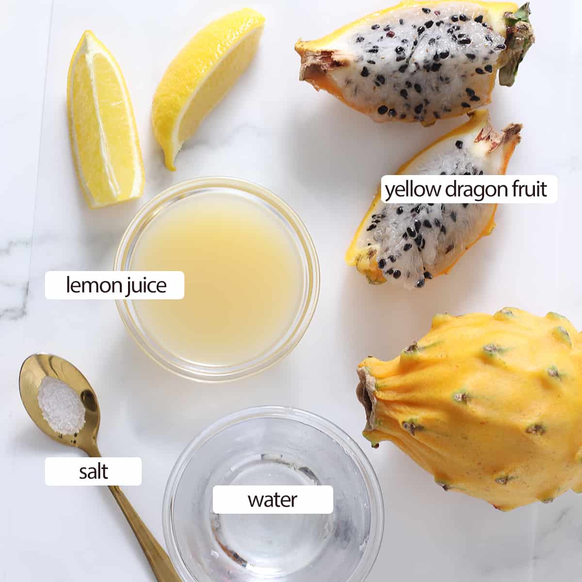 overhead of ingredient for yellow dragon fruit lemonade