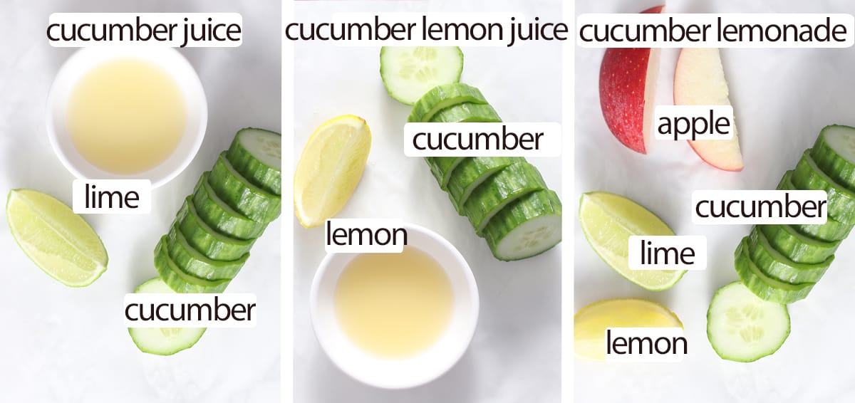cucumber juice ingredients on a white table.