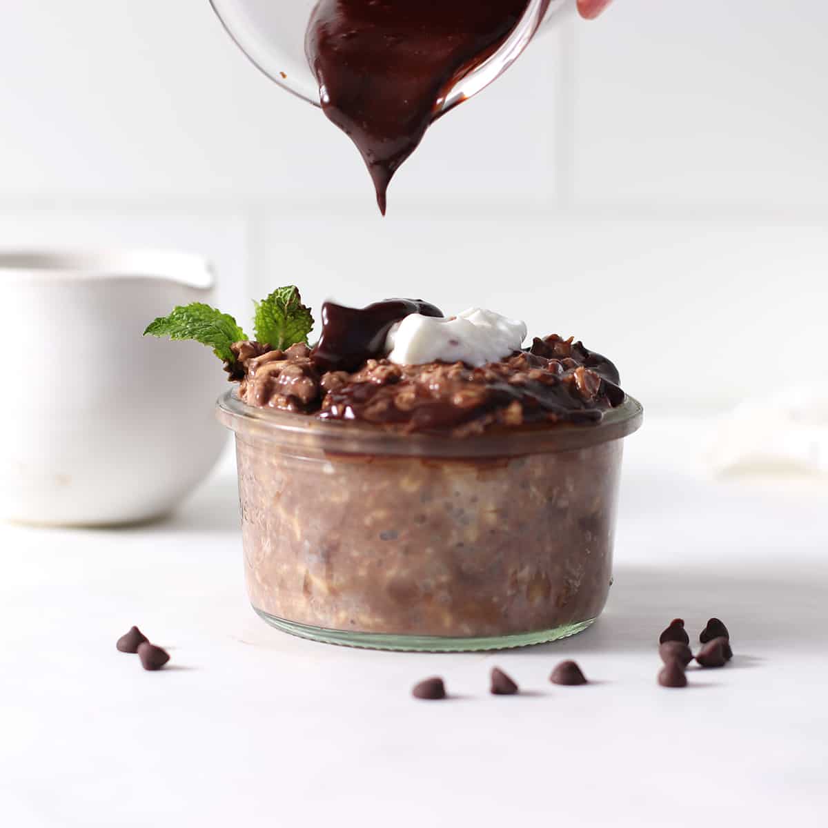 overnight oats with a chocolate sauce