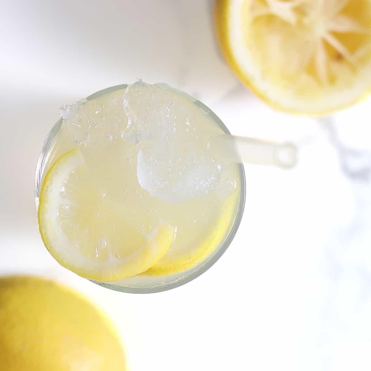 overhead of an ice-filled glass of lemonade