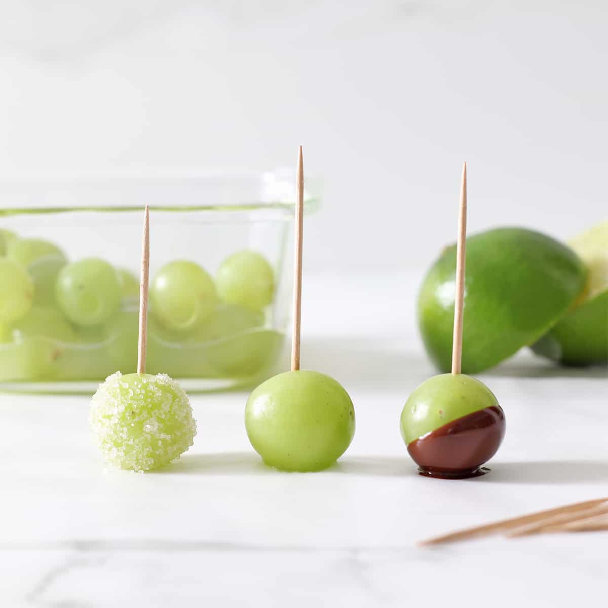 frozen grapes variations, one sugared, one limed, one chocolate layer.