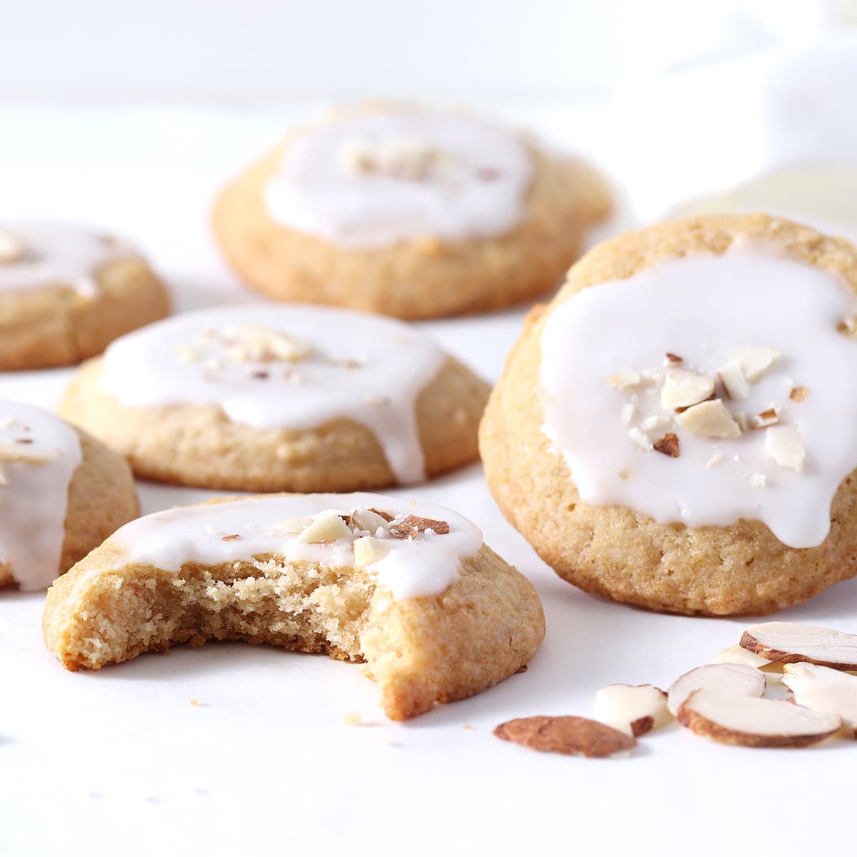 an almond sugar cookie with a bite.