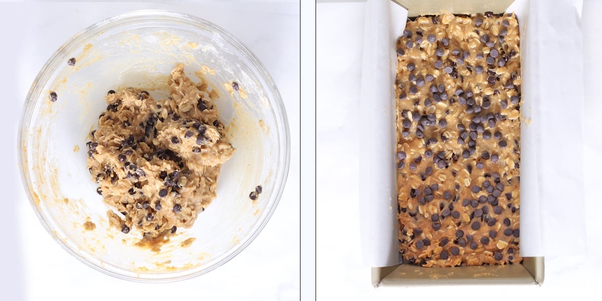 oatmeal chocolate chip bars batter in a bowl, and loaf pan in steps 3 and 4.