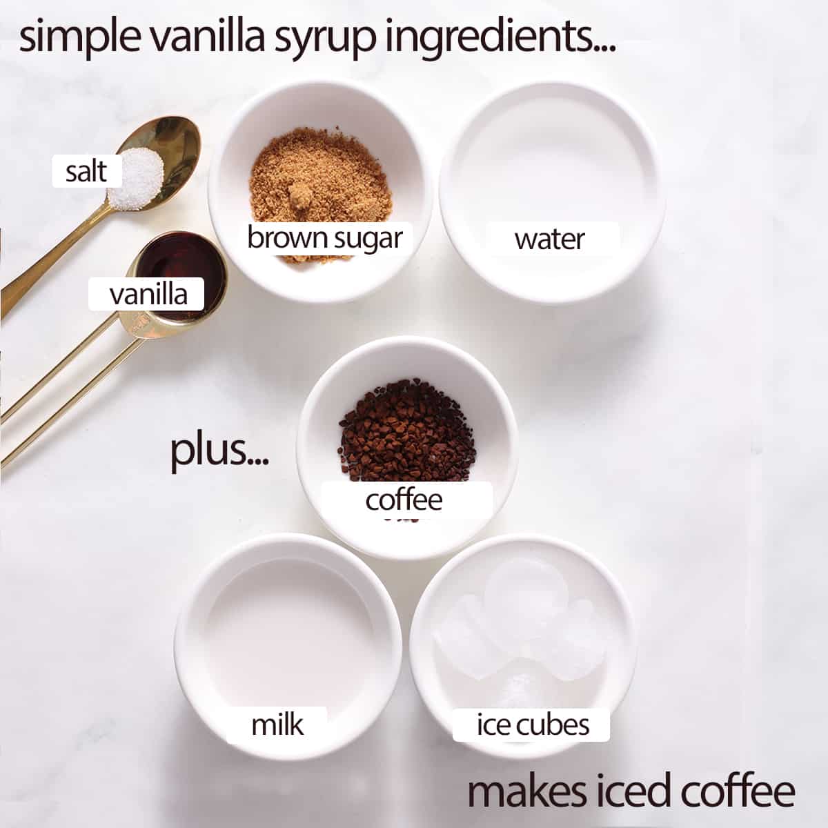 homemade iced coffee ingredients with text.