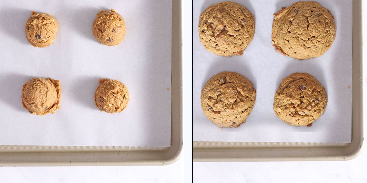two pictures of pumpkin oatmeal chocolate chip cookies, one side raw scoops, other side baked.
