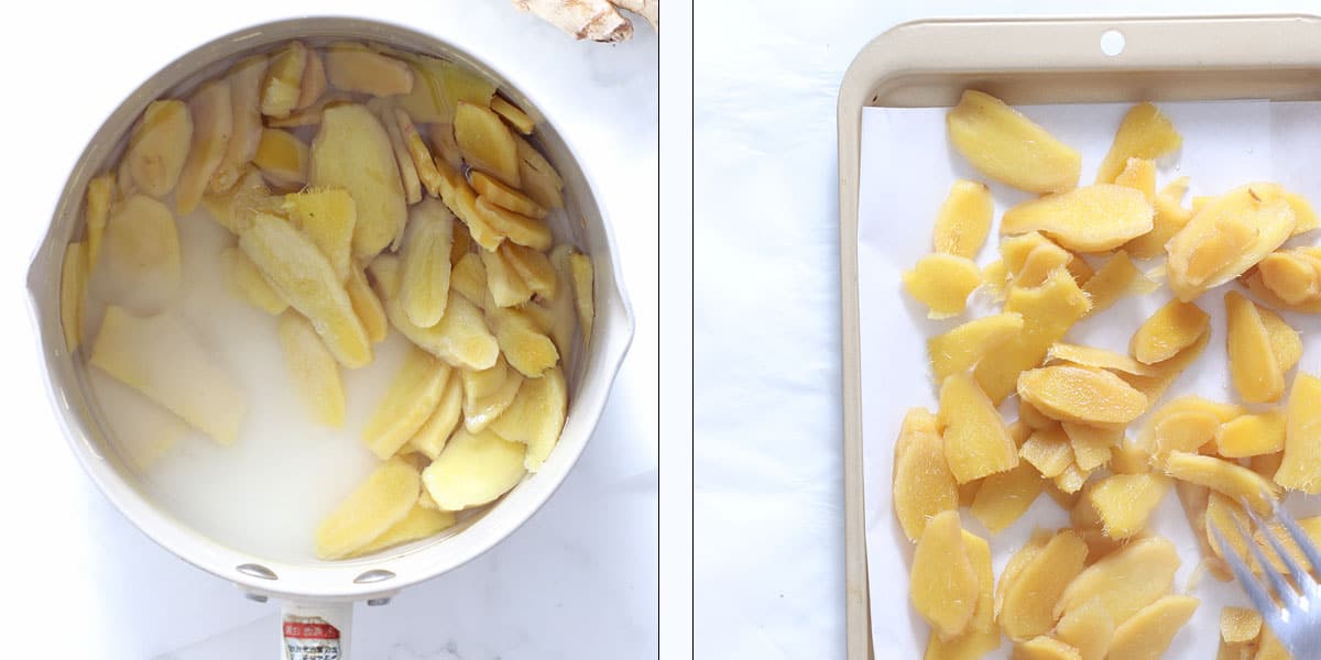 boiled in sugar ginger, and drying on a pan.