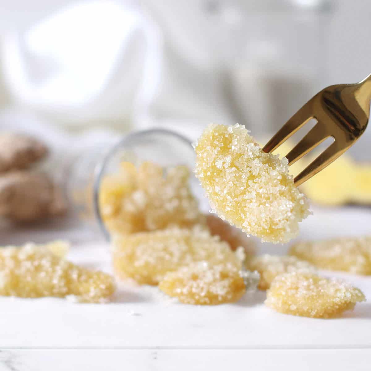 candied ginger on a fork.