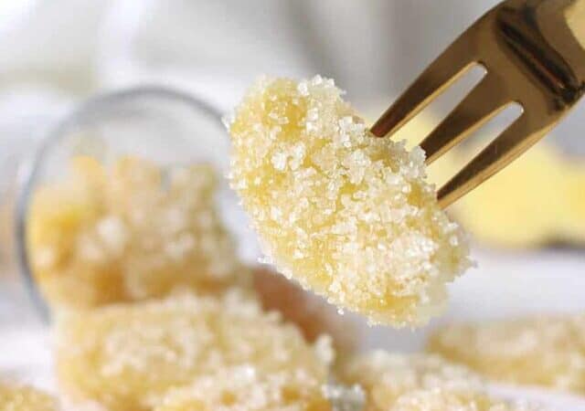 candied ginger on a fork.