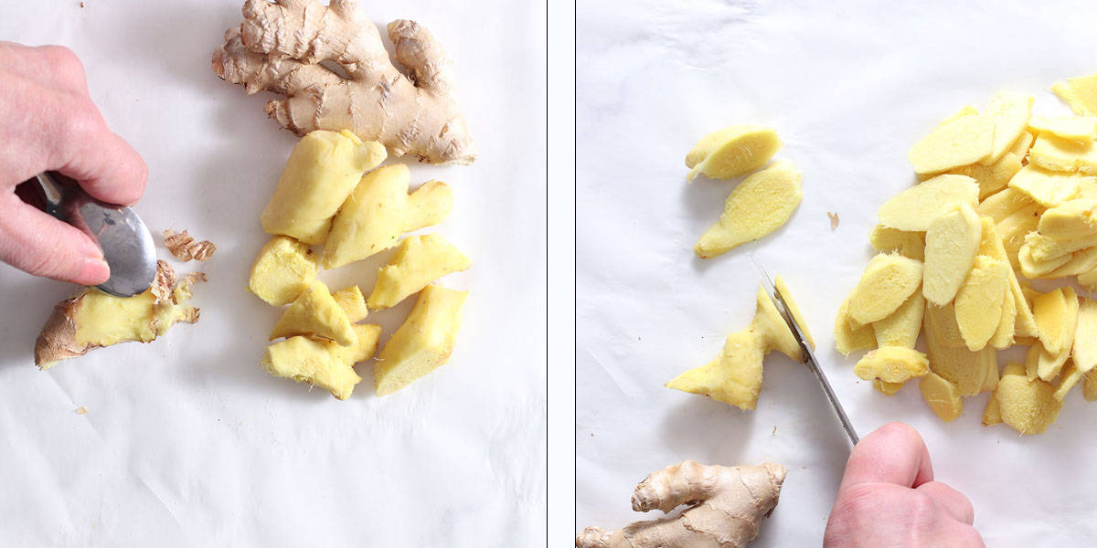 peeling and chopping ginger.