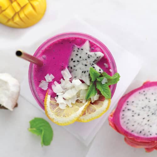 overhead of dragon fruit smoothie.