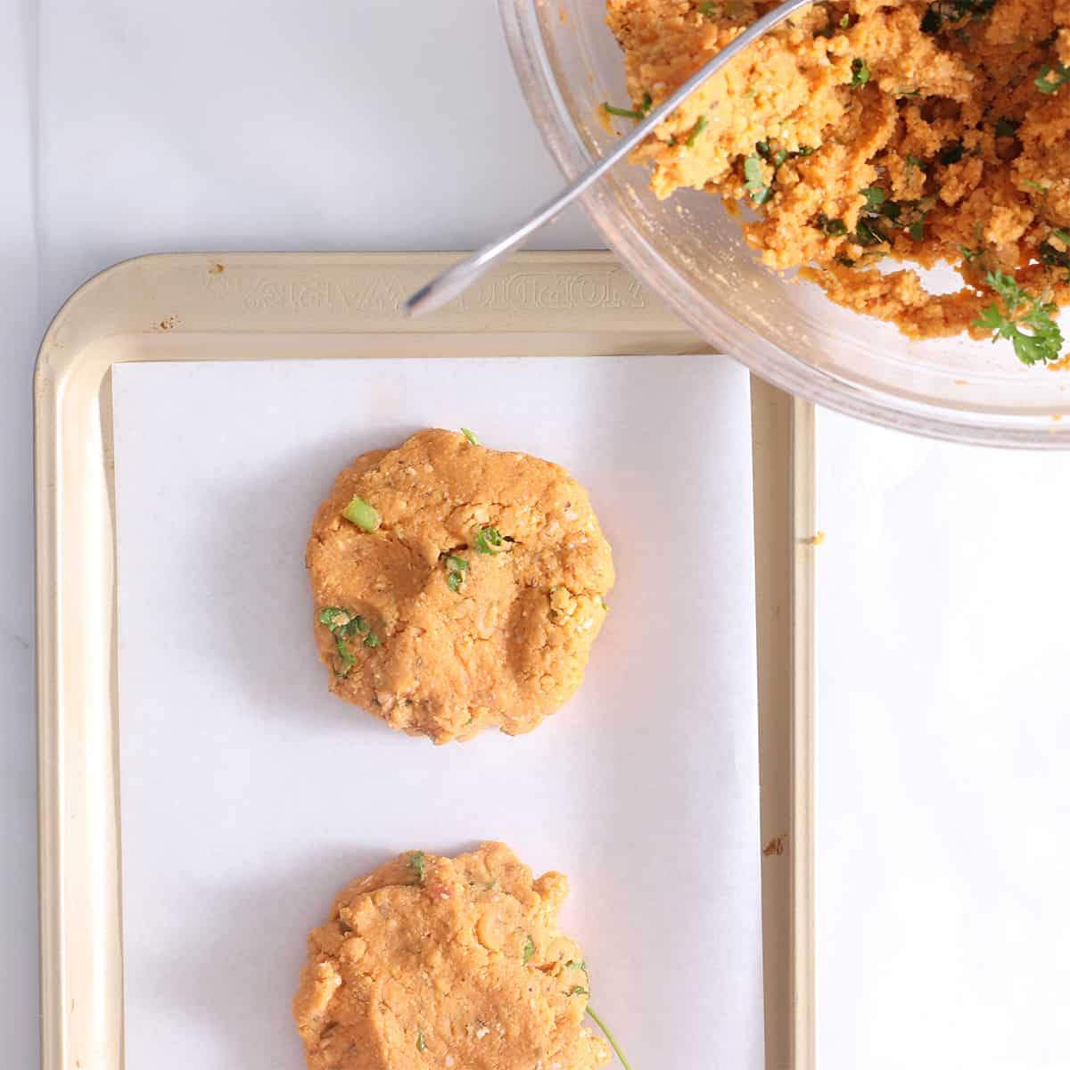 mixture for chickpea burgers made into patties.