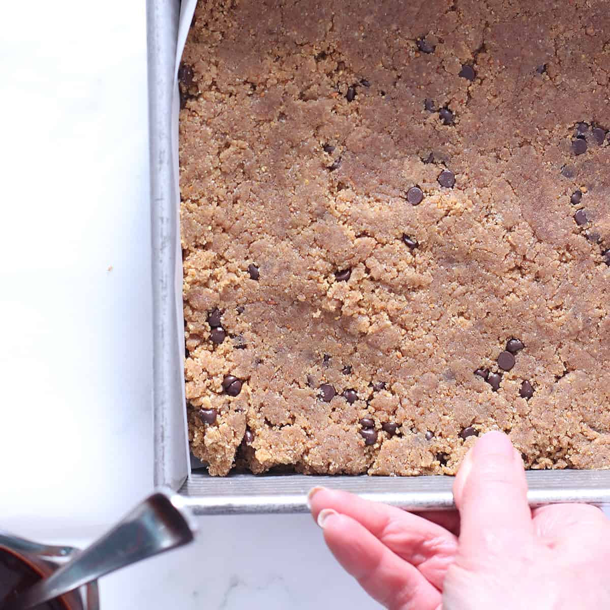 chocolate chip peanut butter bars pressed.