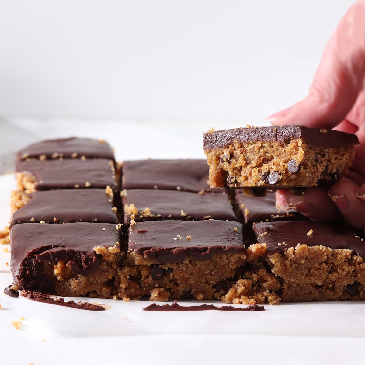 chocolate chip peanut butter bars sliced.