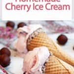homemade cherry ice cream in cones.