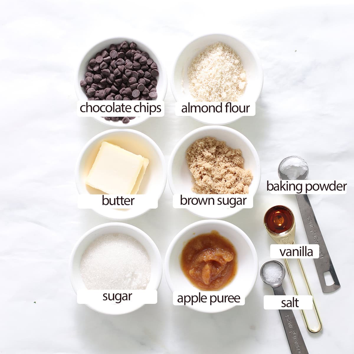 ingredients for thin and crispy chocolate chip cookies made with almond flour.